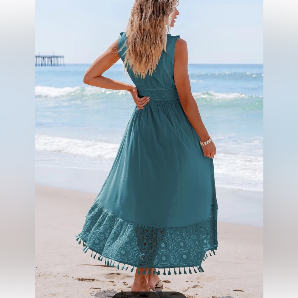 Cupshe Blue High-Low Sundress Plunge Neck Resort Wear - Picture 2 of 4